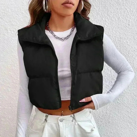 Black Casual Women's Zipper Front Vest Padded Coat - Picture 3 of 5